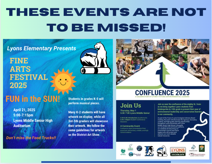 Promotional flyer for Lyons Elementary events: Fine Arts Festival 2025 and Confluence 2025 with event details and dates.